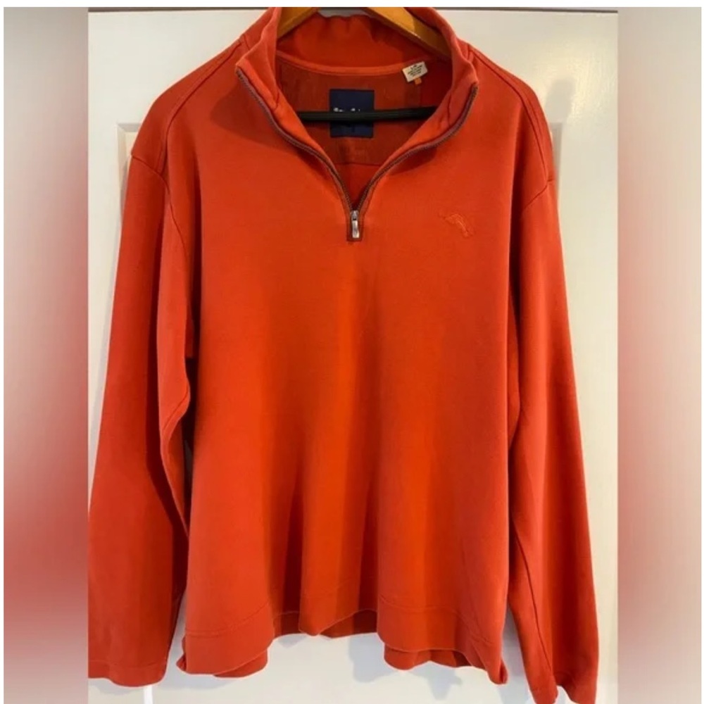 Tommy Bahama - Sweater Men Mock Neck 1/4 Zip Orange Pima Cotton - Large